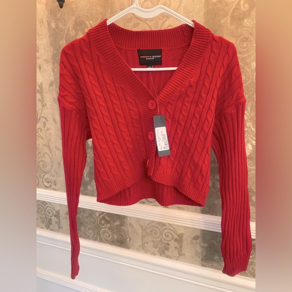 Red Cardigan Cable Knit Sweater - Picture 1 of 4